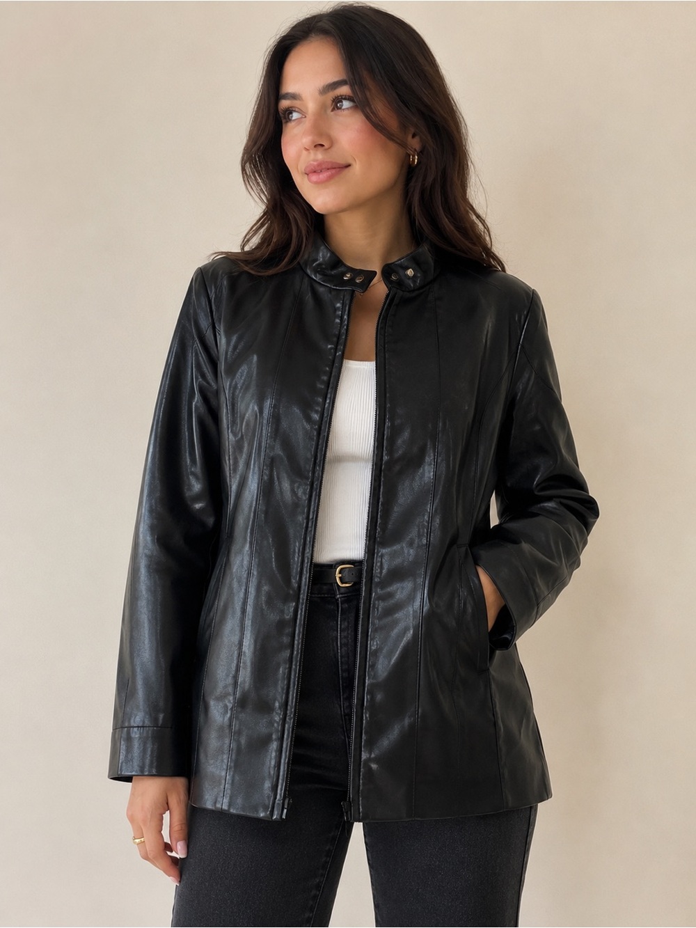 Classic Black Faux Leather Moto Jacket Women’s Small Zip Front Brand New